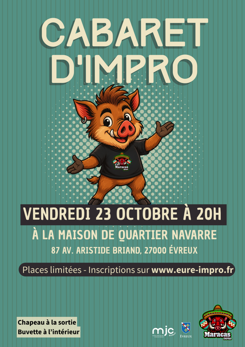 Affiche du cabaret d’improvisation théâtrale de la troupe Maracas Impro le 23 octobre 2026 à 20h00 à Evreux.